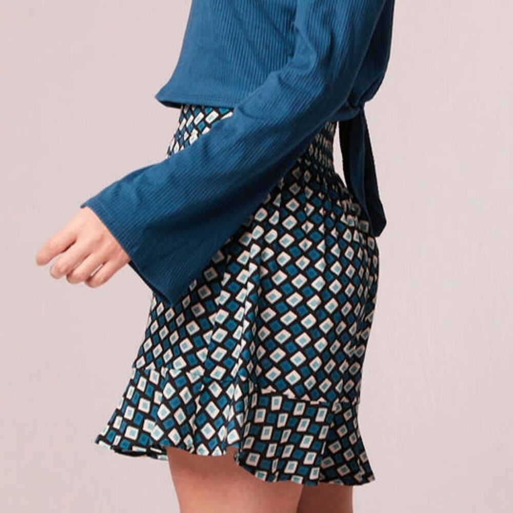 NWT Band Of The Free Colette Diamond Print Ruffle Hem Mini Skirt Preppy Teal L - Picture 4 of 10